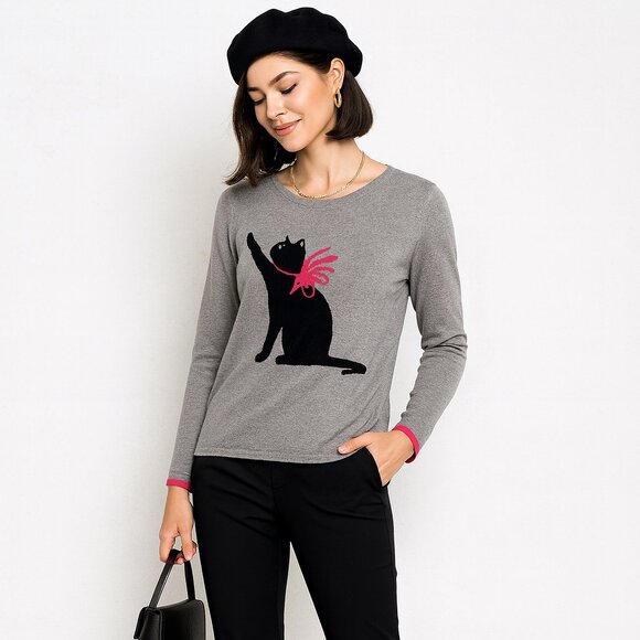 Leo & Ugo Paris Gray Sweater Women’s Black Cat Bow Graphic Long Sleeve Size 4 - Picture 1 of 15
